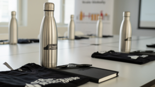 Ein Tisch mit mehreren silbernen Termoflaschen drauf. Mit der Aufschrift 