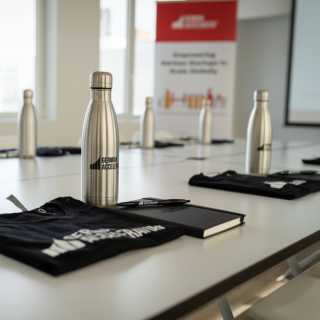 Ein Tisch mit mehreren silbernen Termoflaschen drauf. Mit der Aufschrift 