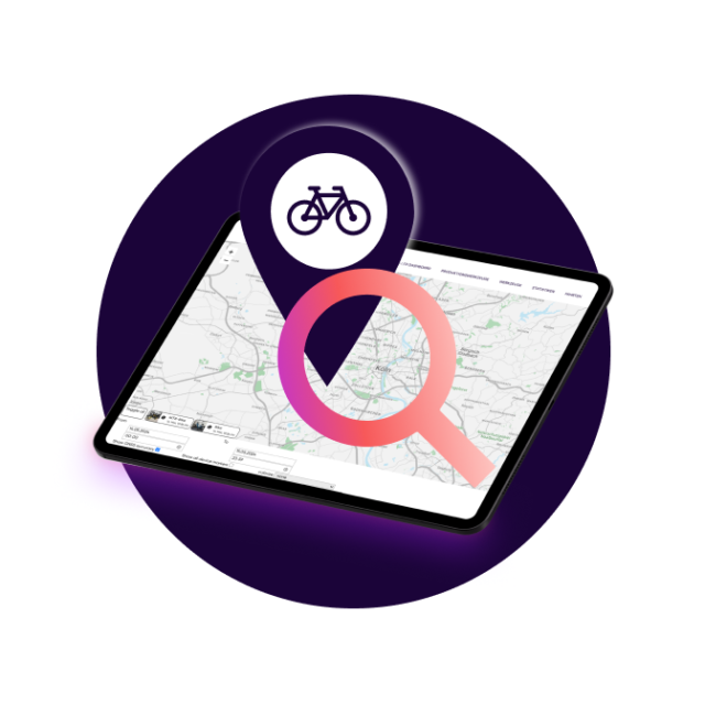 Tablett mit Landkarte auf Display. Bike Pin und eine Lupe darüber, auf einfarbigem Lila Hintergrund.