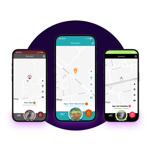 Drei Handys mit white label App auf Display, auf einfarbigem Lila Hintergrund